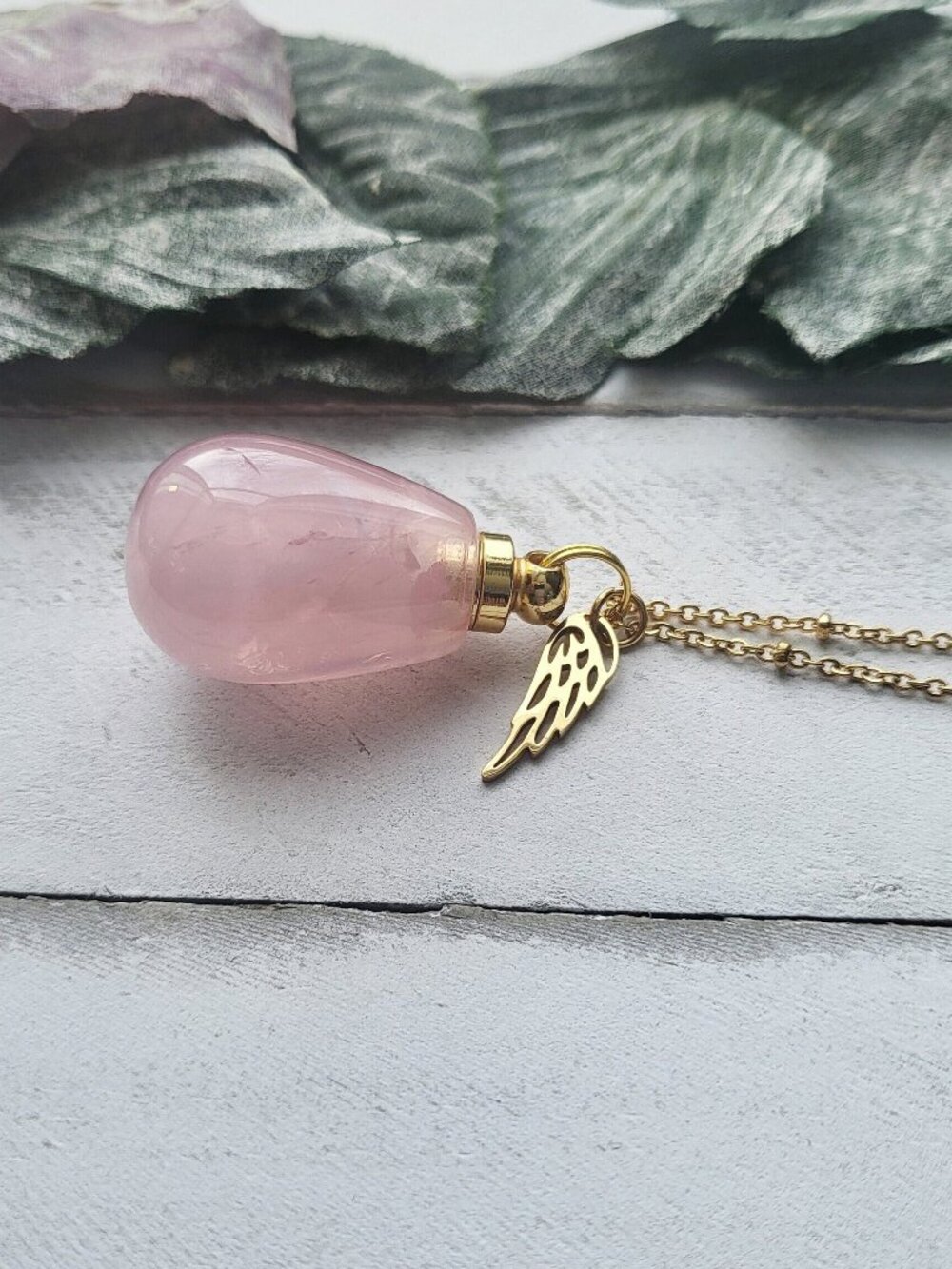 Rose Quartz Essential Oil Diffuser Vial Necklace Angel Wing Pendant Pink Stone